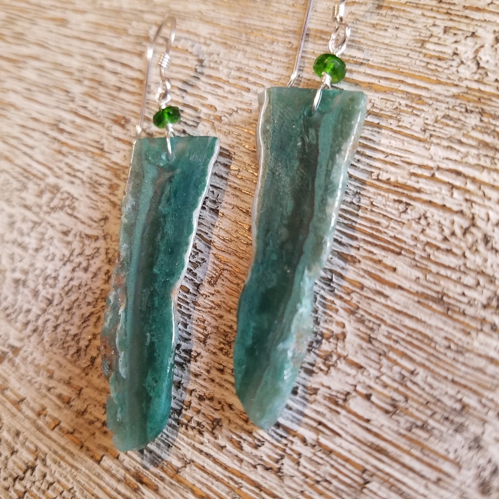 Chalcedony natural gemstone earrings. Chrome diopside accent. S.S.
